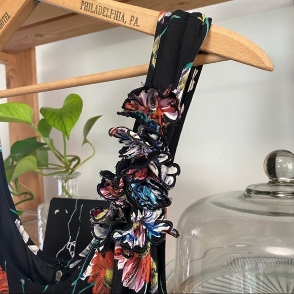 Anthropologie Moulinette Soeurs Black Floral Print Green Belt Sleeveless Dress - Picture 5 of 15